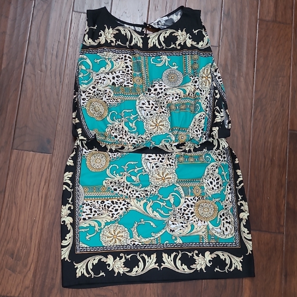 Sandra Darren Black with Teal & Gold Designed Sleeveless Dress size 18